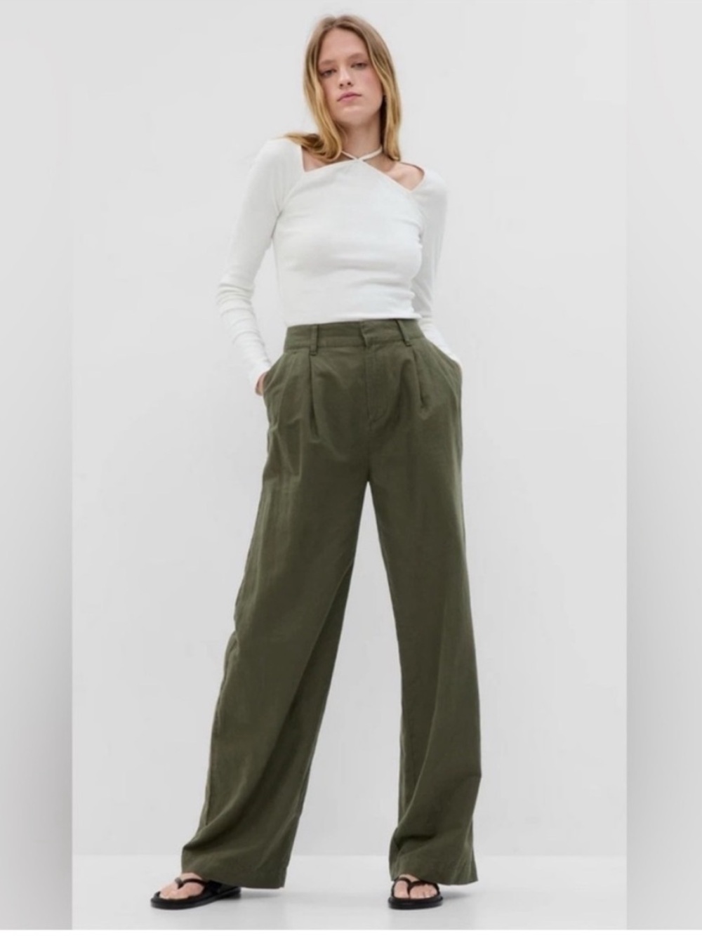 Gap Denim Olive Green Wide Leg High Rise Pleated Denim Trousers Size 2